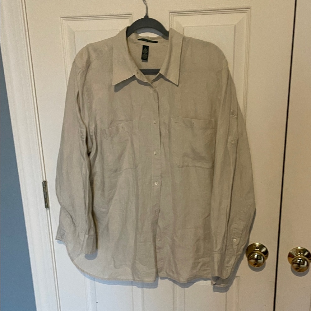 Ralph Lauren Light Tan 100% linen women’s button-down blouse size 2X